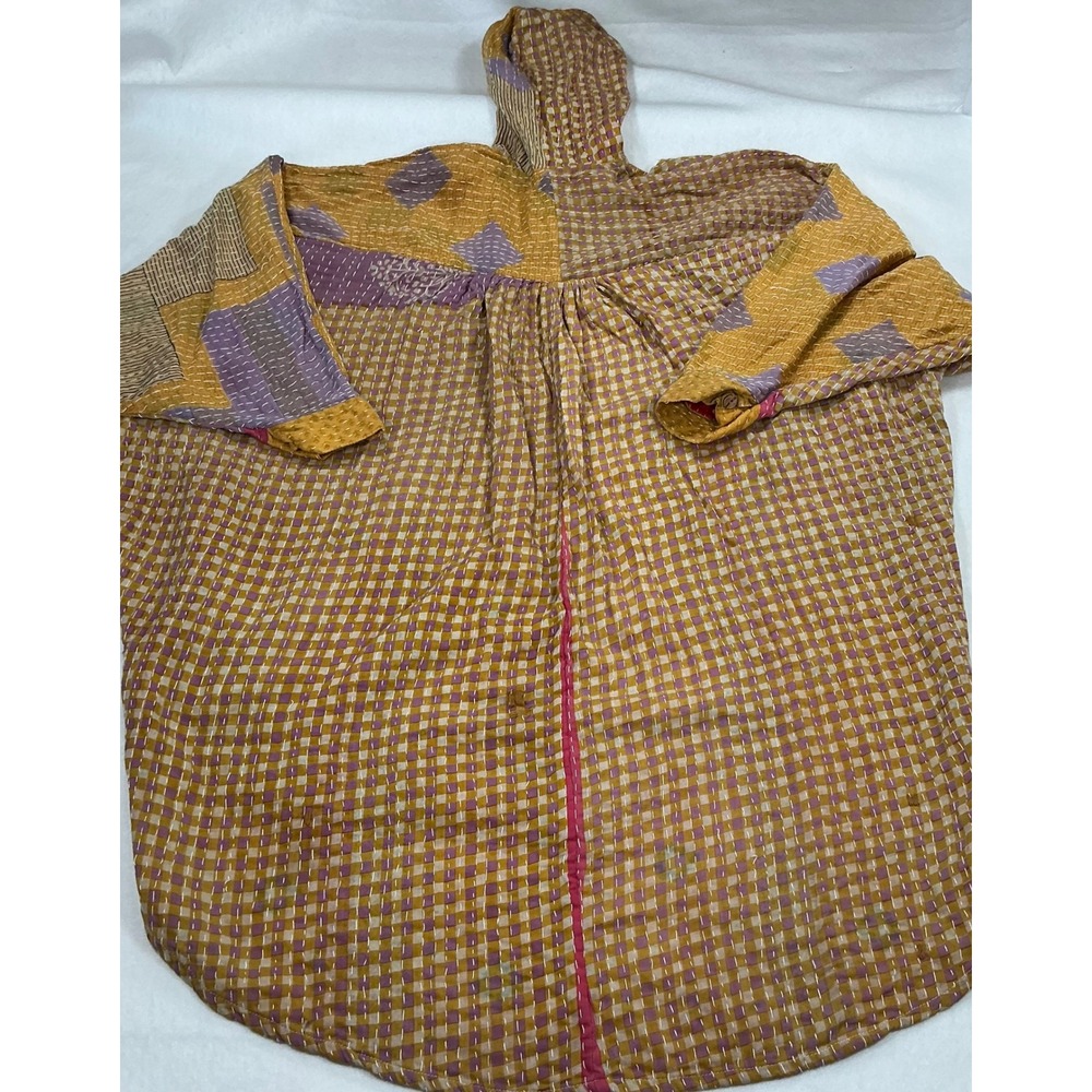 Kantha Bae Hooded Patchwork Jacket One Size Boho Recycled Sari Hand Stitched